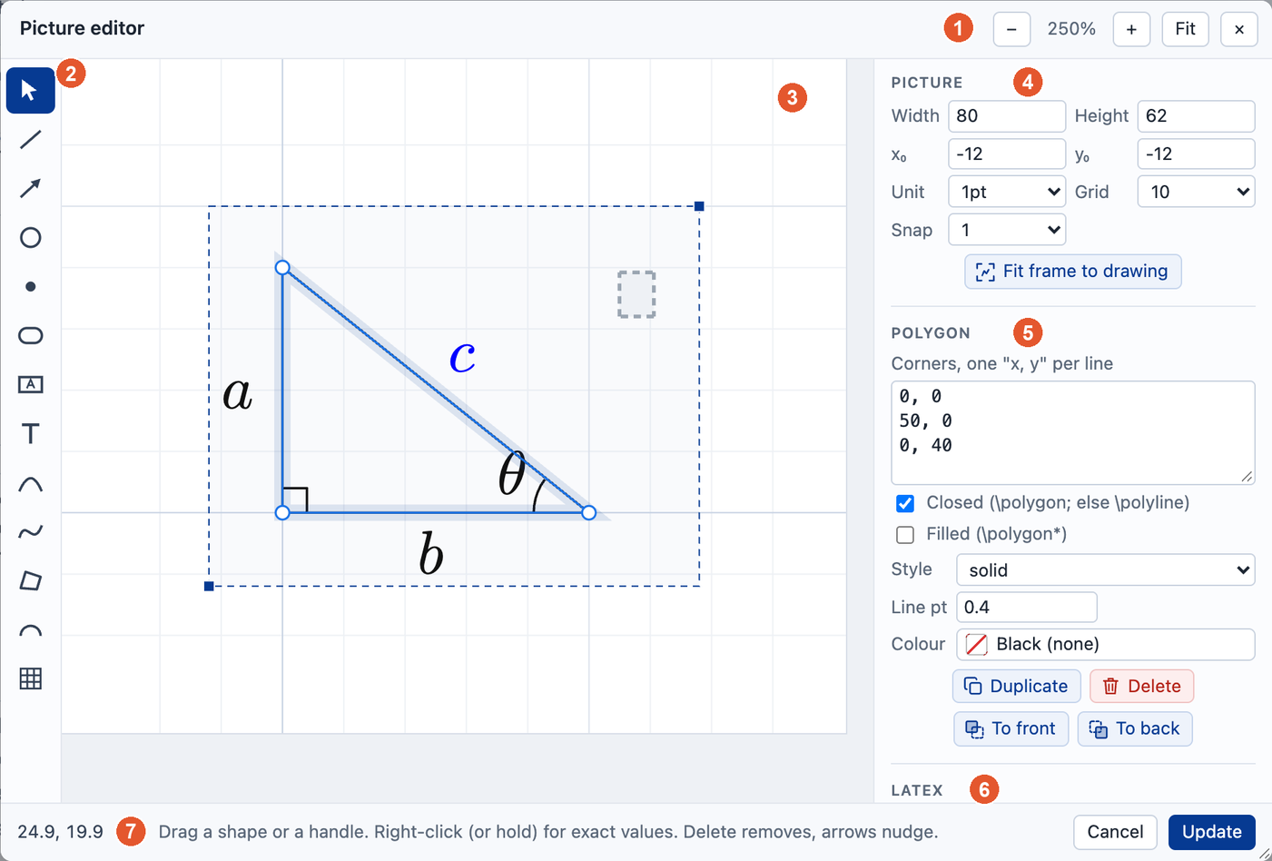 The picture editor: a tool strip on the left, the drawing in the middle with a triangle selected, and a side panel of settings on the right